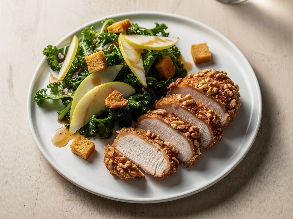 Walnut-Crusted Chicken with Kale-Pear Salad and Creamy Balsamic Dressing