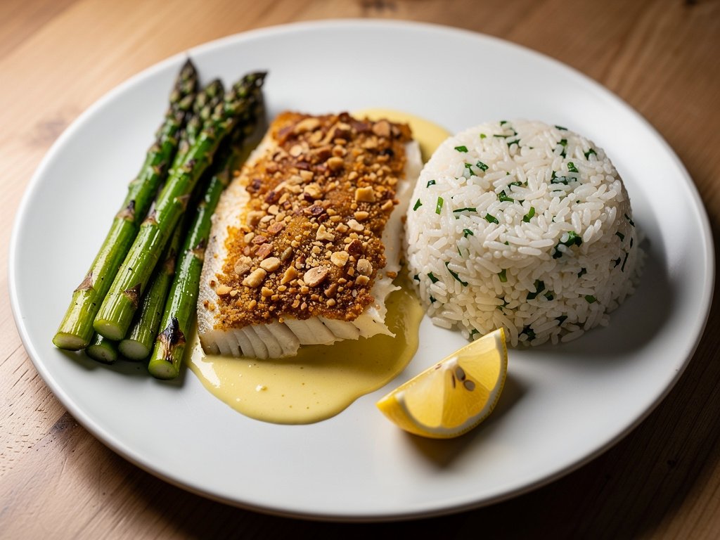 Walnut-Crusted Sea Bass with Garlic Asparagus and Lemon Cream Sauce