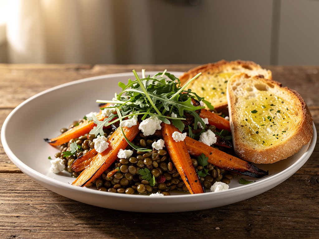 Warm Lentil and Roasted Carrot Salad with Fig Vinaigrette and Garlic Bread
