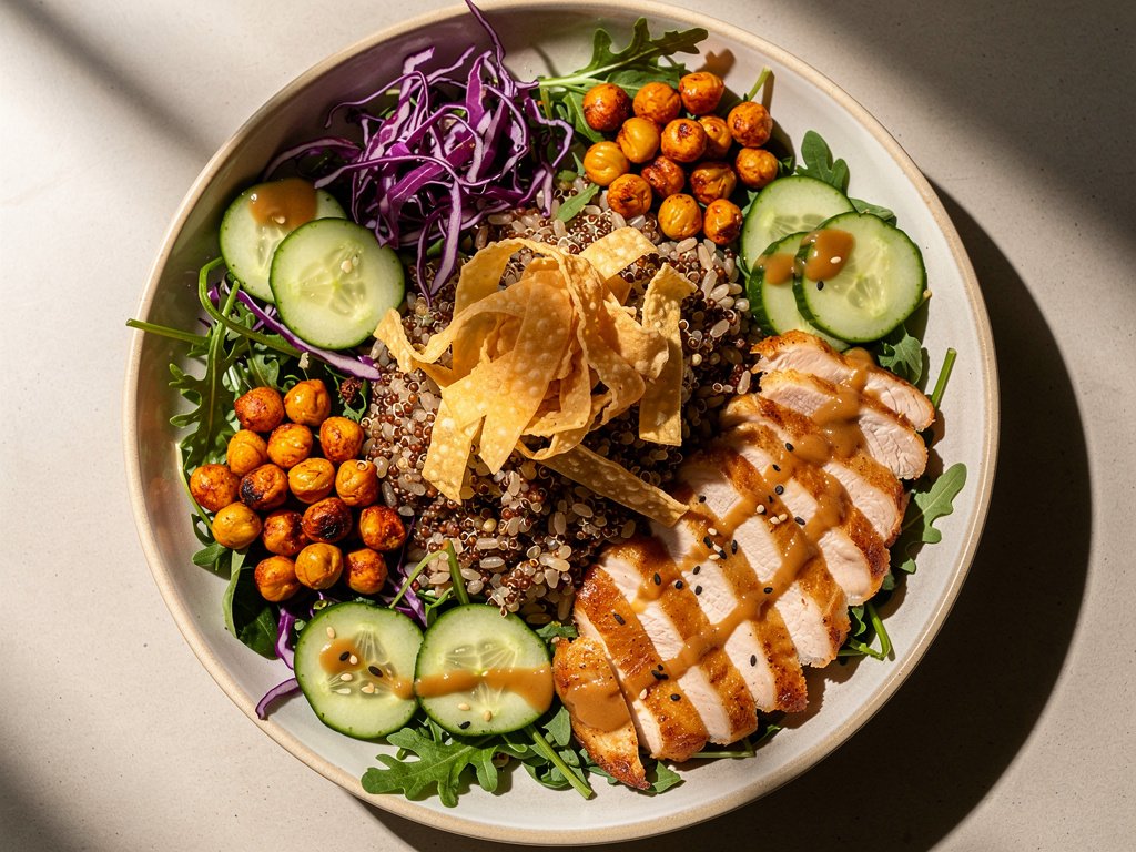 Warm Miso-Sesame Chickpea and Chicken Salad with Grains and Crunchy Wonton Strips