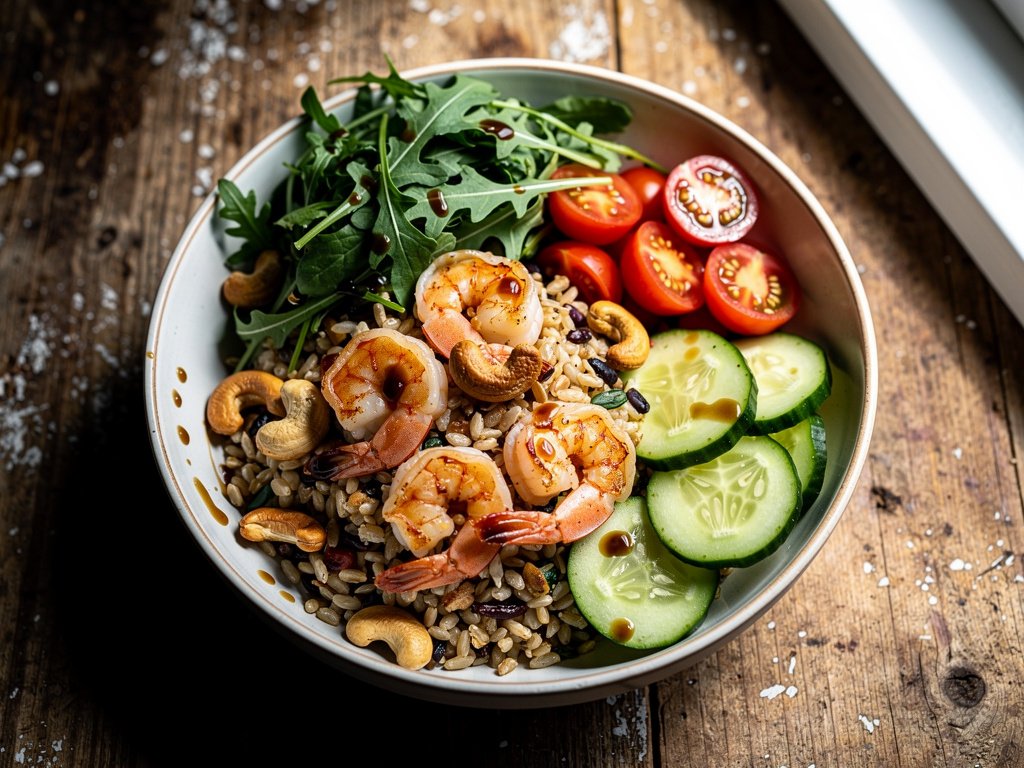 Warm Shrimp, Arugula & Grain Bowls with Sherry Vinaigrette
