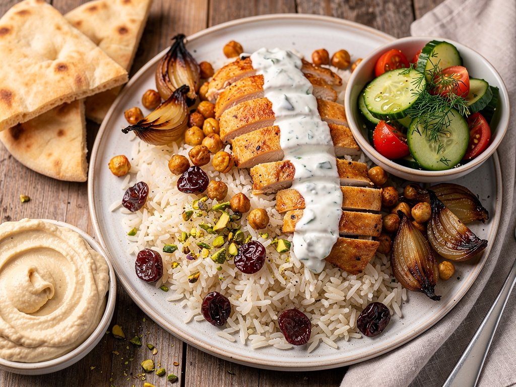 Yogurt-Marinated Chicken with Jeweled Basmati Rice and Cucumber Salad