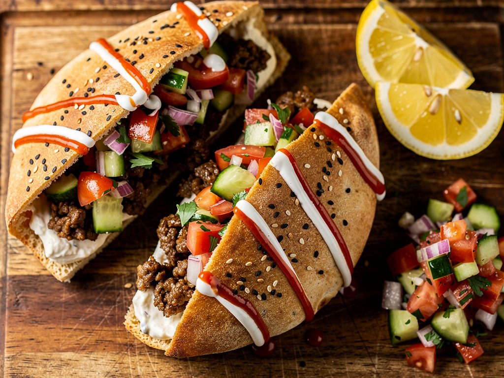 Za'atar Beef Pitas with Everything Bagel Crust and Yogurt Hummus Sauce