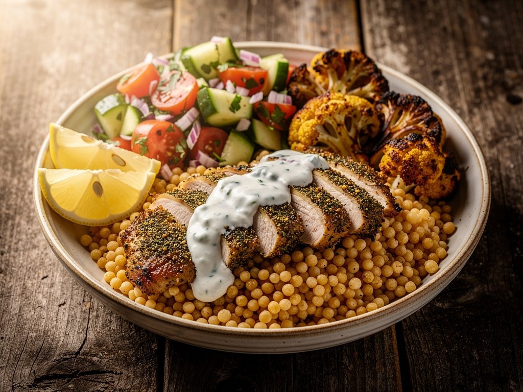 Za'atar Spiced Chicken Bowls with Israeli Couscous and Roasted Cauliflower