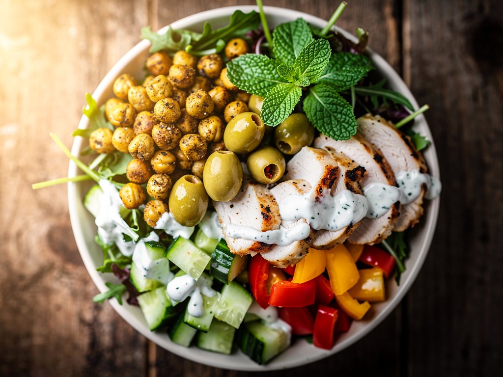 Za'atar Spiced Chicken and Chickpea Salad with Cilantro Yogurt Dressing