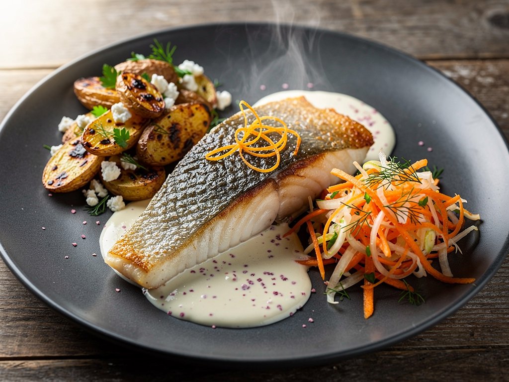 Za'atar Pistachio-Crusted Sea Bass with Feta Potatoes and Orange Dill Slaw