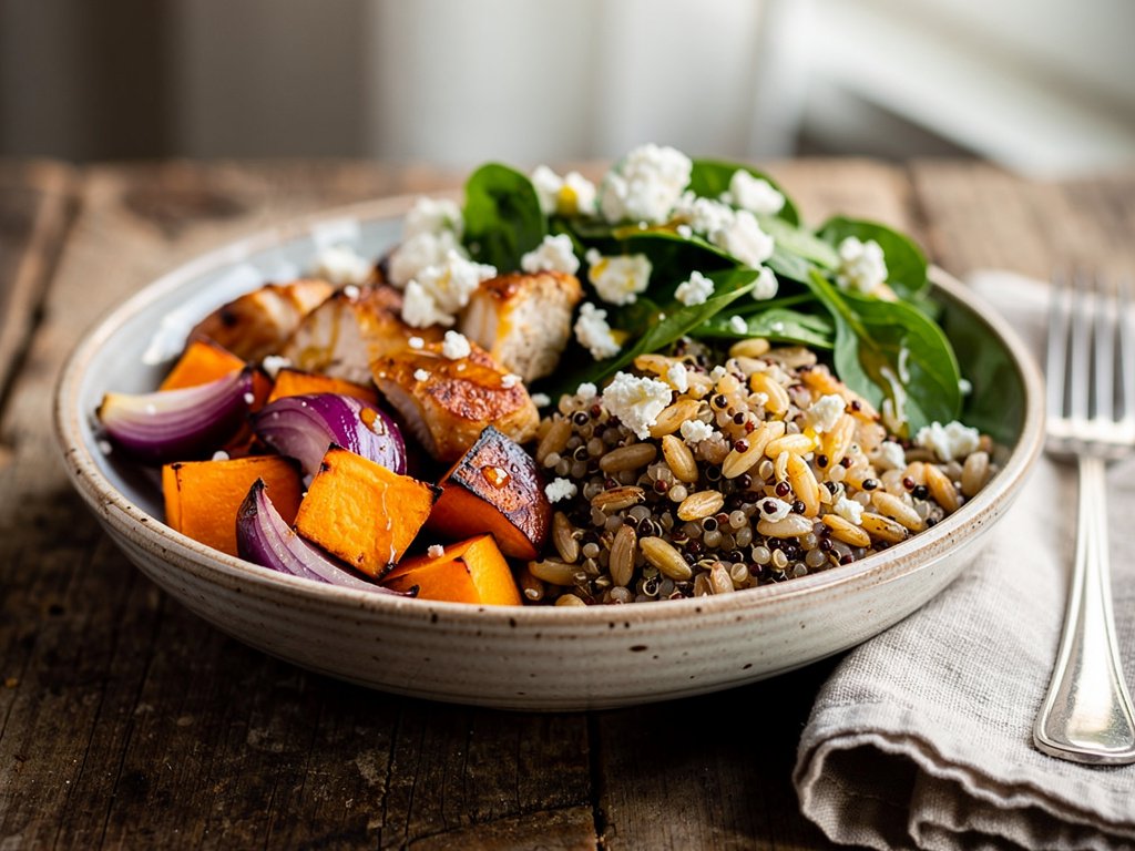 Za'atar Roasted Butternut Squash and Chicken Grain Bowls with Lemon Honey Vinaigrette