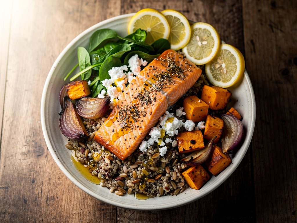 Za'atar Salmon and Butternut Squash Grain Bowl with Lemon Honey Vinaigrette