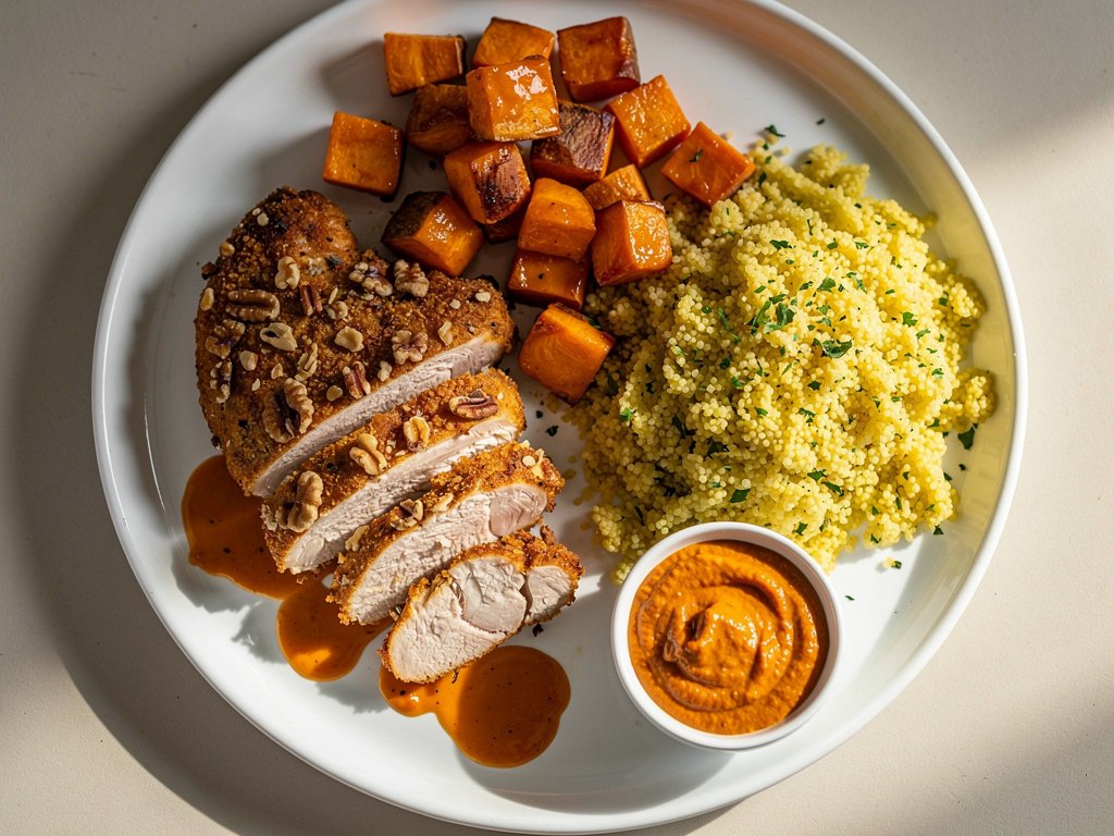 Za'atar Walnut-Crusted Chicken with Apricot Sweet Potatoes and Lemon Couscous