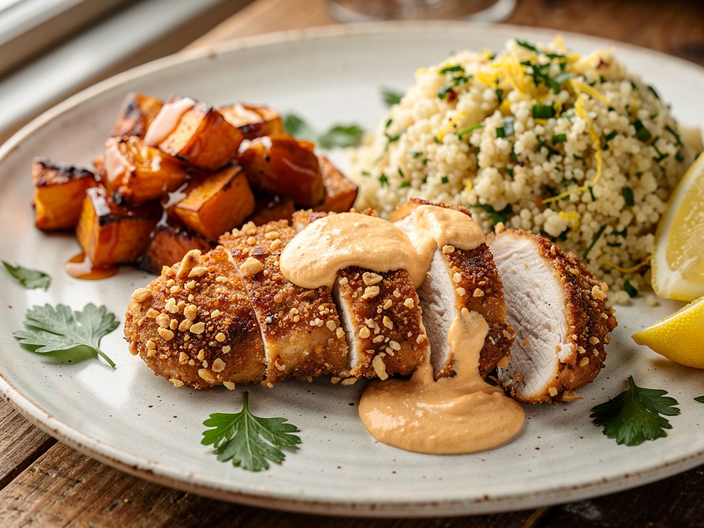 Za'atar Walnut-Crusted Chicken with Apricot-Glazed Sweet Potatoes and Lemon Couscous