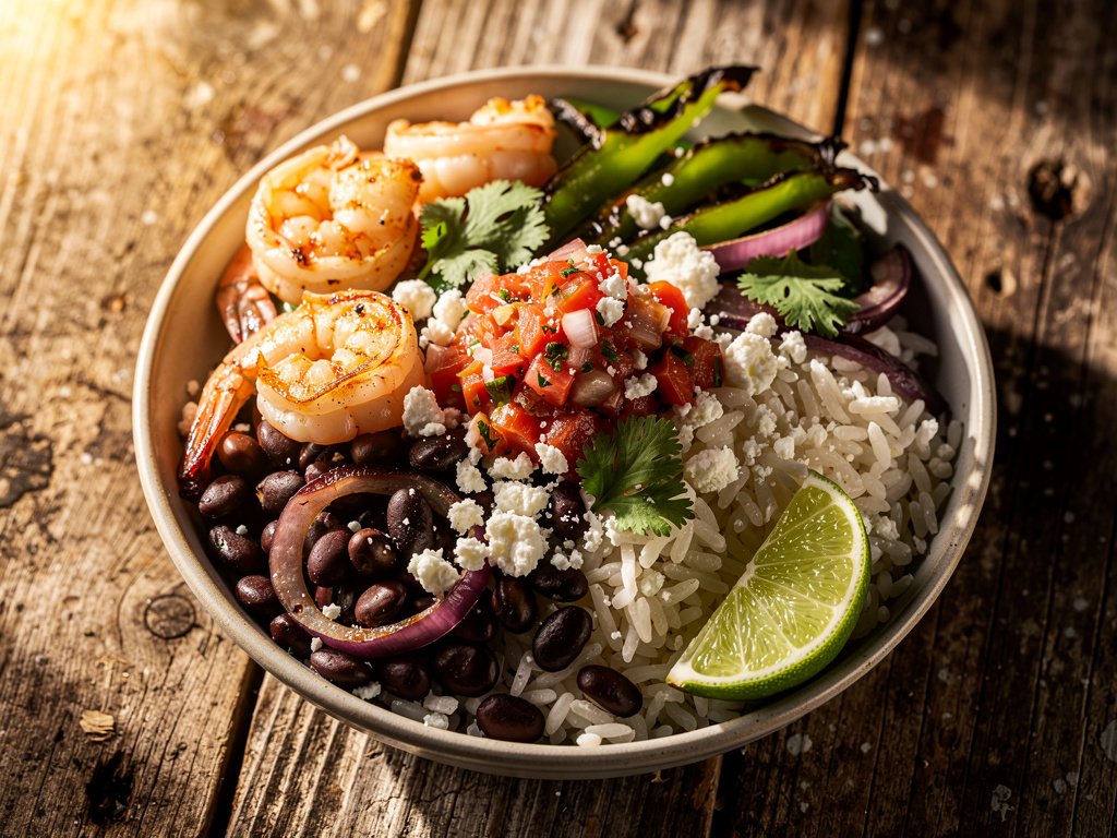 Zesty Shrimp and Black Bean Rice Bowls with Fresh Salsa and Cotija